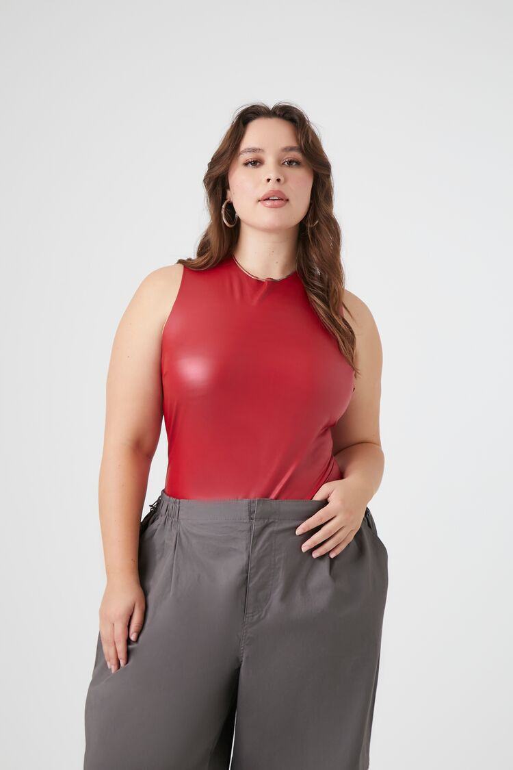 Women's Faux Leather Bodysuit in Red, 3X | Forever 21 (US)