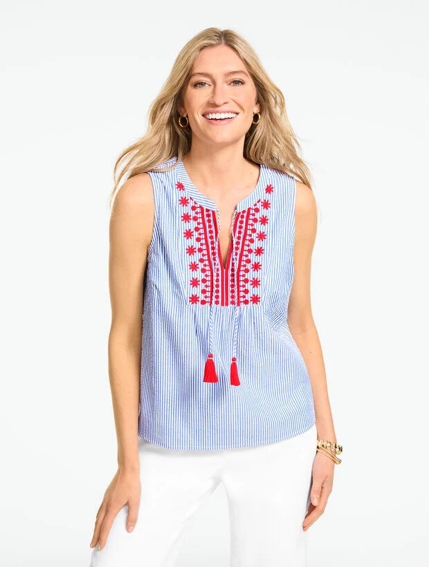 Breezy Stripe Seersucker Embroidered Shell | Talbots