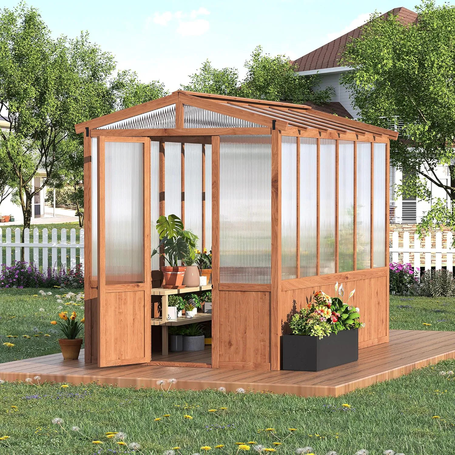 Qeetex 6x10FT Wooden Greenhouse with Cedar Frame Outdoor Wood Greenhouses with Roof Vent Wood and Polycarbonate Walk-in Greenhouse | QET-GH-WK55 | Lowe's