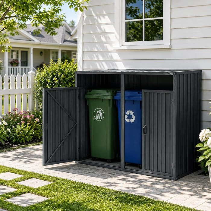 JT Double Garbage Bin Shed, 63" x 31" x 48" Outdoor Storage Cabinet with Lockable Door and 180\u0... | Amazon (US)