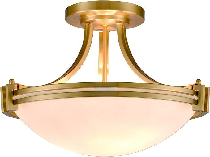 SAMTEEN Modern Brass Semi Flush Mount Ceiling Light 3-Light White Glass Ceiling Light Fixtures fo... | Amazon (US)