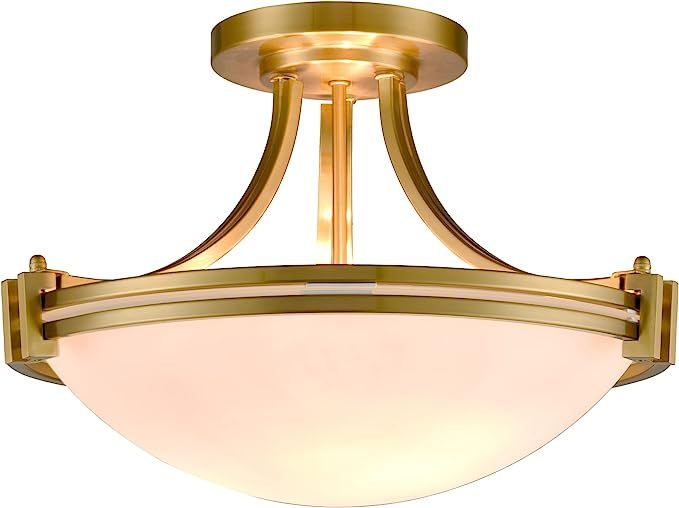 SAMTEEN Modern Brass Semi Flush Mount Ceiling Light 3-Light White Glass Ceiling Light Fixtures fo... | Amazon (US)