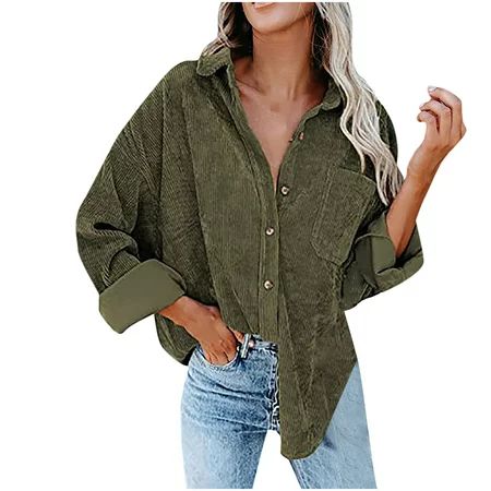MIDCKE Clearance Autumn Corduroy Button Down Shirts for Women Casual Boyfriend Jackets with Pockets Loose Long Sleeve Oversized Blouses Tops(Army Green#02 S) | Walmart (US)