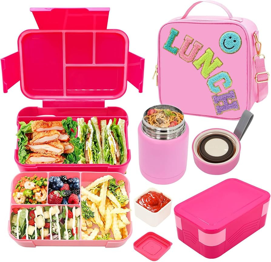Pink Lunch Box for Girls with 10oz Thermo, with 6 Compartment Bento Box, Nylon Insulated Lunch Ba... | Amazon (US)