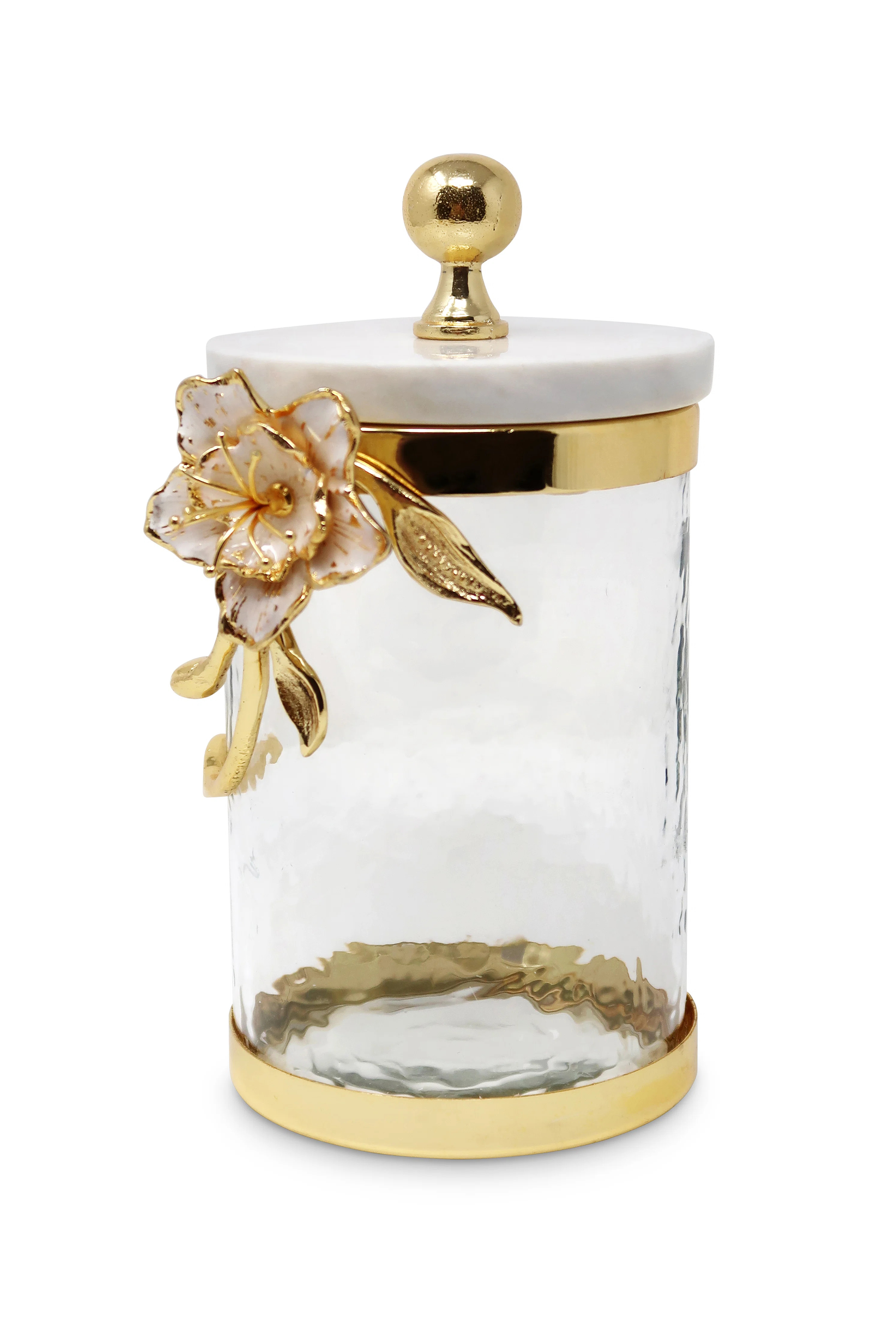 Hammered Glass Canister with White Enamel and Gold Flower with Leaf, Marble Lid | Wayfair North America