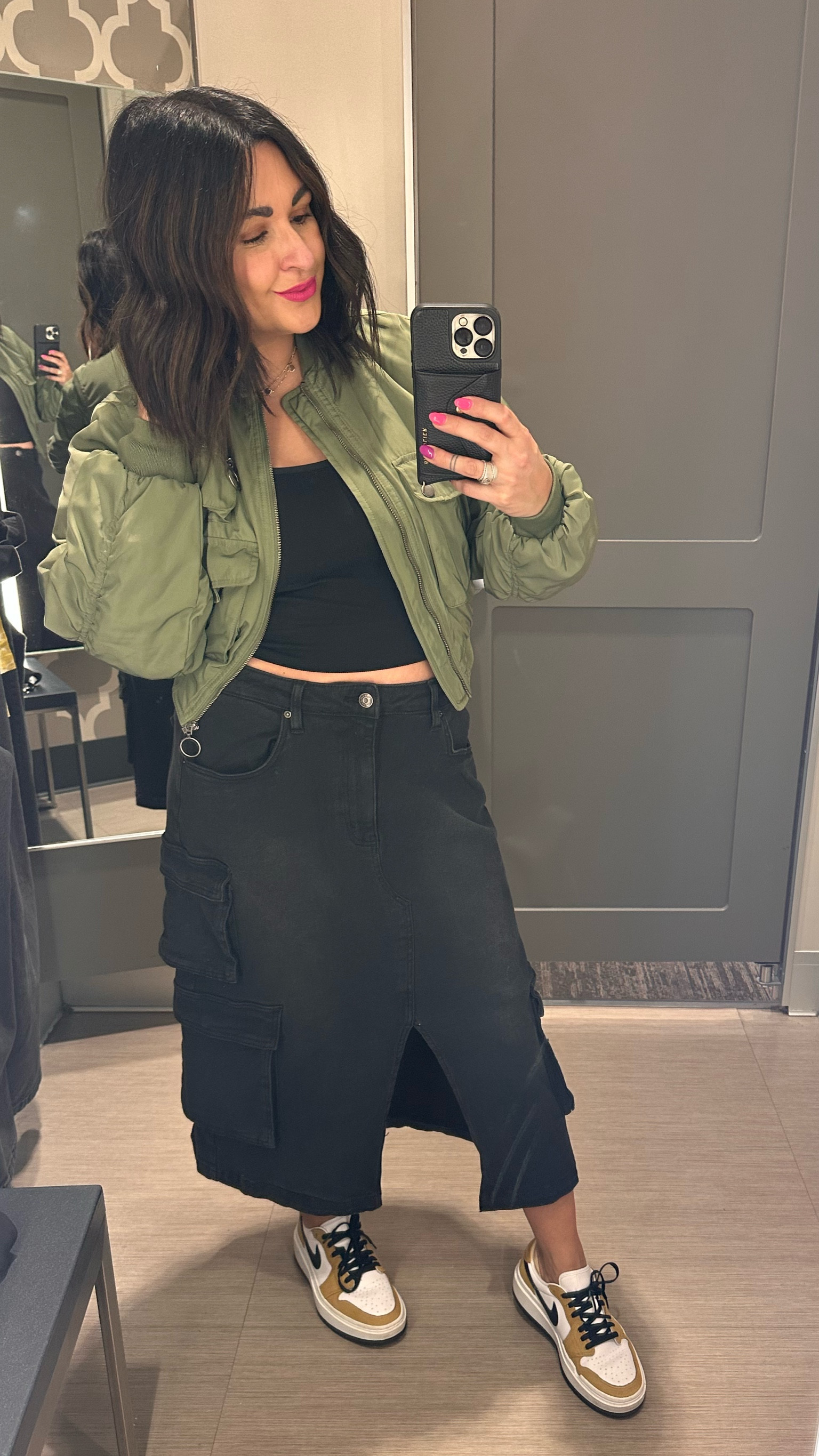 Here’s the truth. I saw this skirt and was like you gotta be kidding me (didn’t like it) welp I put it on for fun and ended up buying it and I LOVE it. So versatile and can go with so many options. Paired with a bonber jacket and some sweet ass Nikes and I’m in love 😍 

#LTKU #LTKshoecrush #LTKstyletip