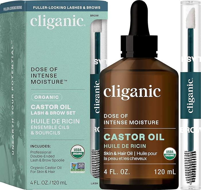 Cliganic Organic Castor Oil, 100% Pure (4oz Glass Bottle with Eyelash Kit) - For Eyelashes, Eyebr... | Amazon (US)