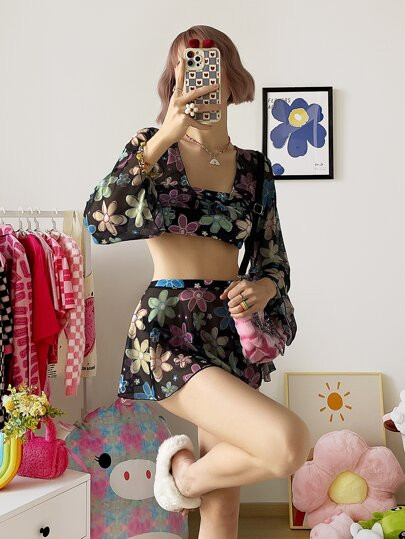 4pack Floral Print Bikini Swimsuit & Knot Cover Up Top With Skirt Set | SHEIN