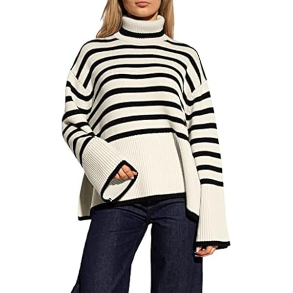 ZESICA Women's 2023 Winter Sweaters Casual Turtleneck Long Sleeve Striped Side Slit Loose Pullover S | Amazon (US)