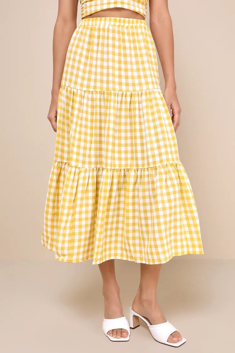 Completely Endearing Yellow Gingham Tiered Midi Skirt | Lulus