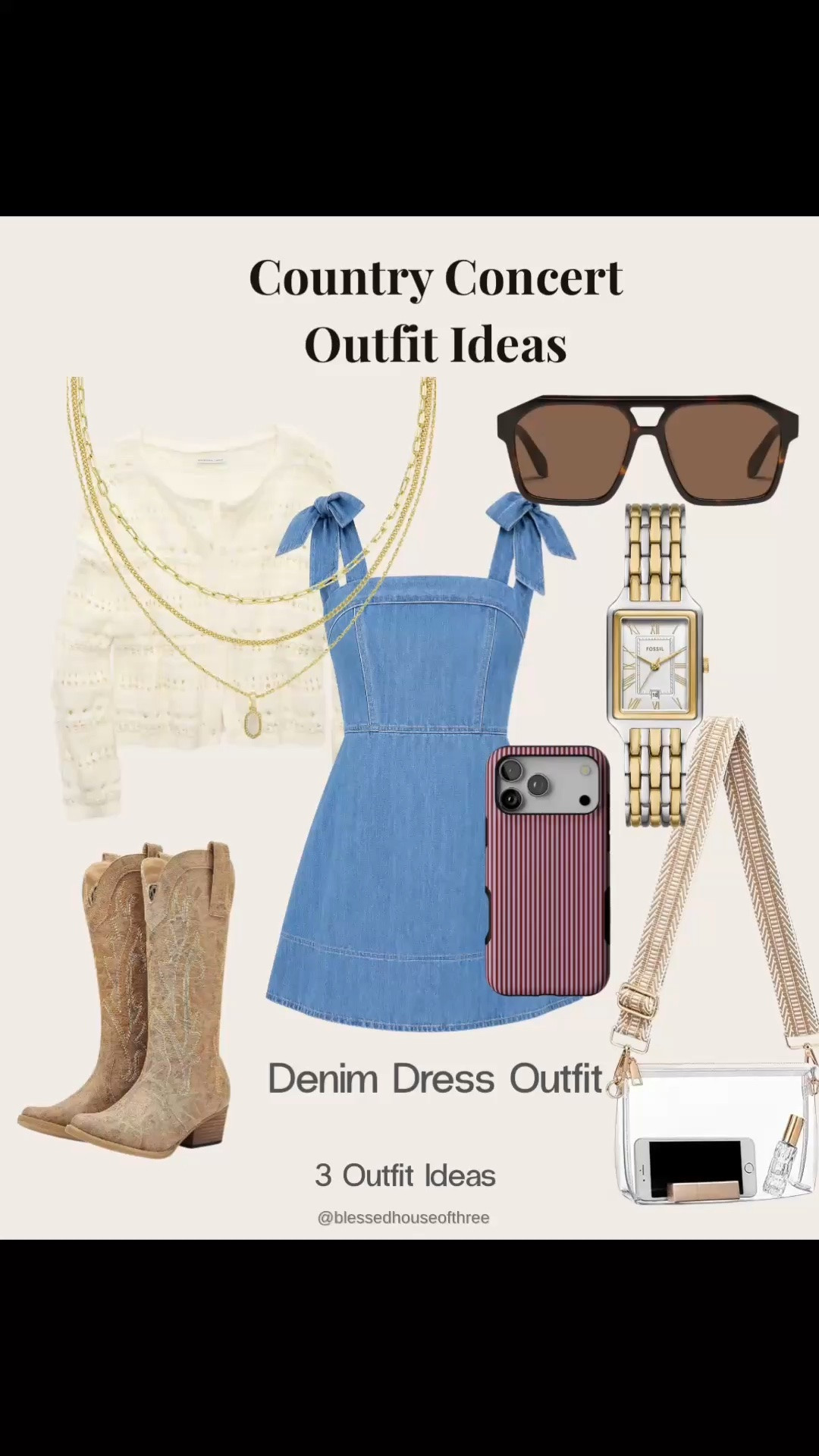 Country concert and festival season calls for effortless outfits you’ll wear all summer. I rounded up three affordable country concert outfit ideas featuring a feminine denim dress with crochet sweater, a casual graphic tee with classic denim shorts, and a classic denim skirt outfit with a leather bomber jacket —all styled with affordable cowboy boots and versatile accessories including a layered necklace you’ll wear beyond concert season. These looks are perfect for country concert outfits, music festival outfits, Nashville trips, rodeos, date night outfits, summer outfits, summer dress, and summer weekends. Save this post for outfit inspiration and shop every piece through my LTK. Trending classic watch, clear bag, pinstripe phone case, classic trending sunglasses, affordable jewelry, short sleeve jacket. Summer to Fall transition outfits. #LTKfestival

#LTKSeasonal #LTKootd