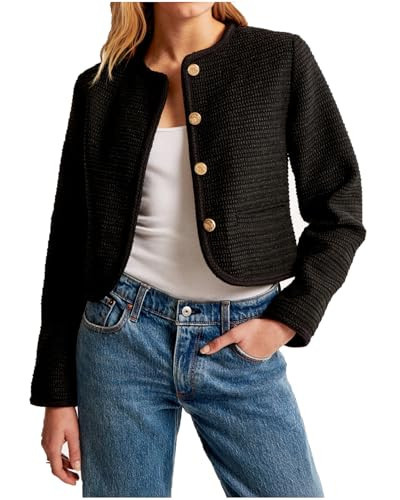 YEXPINE Women's Tweed Jackets Long Sleeve Crew Neck Button Down Cropped Jacket Coat with Pockets Black | Amazon (US)