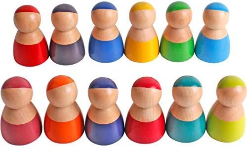 Dinhon 12 Wooden Rainbow Dolls Friends Toys Toddler Wooden Peg Bodies Baby Kids Wooden Pretend Pl... | Amazon (US)