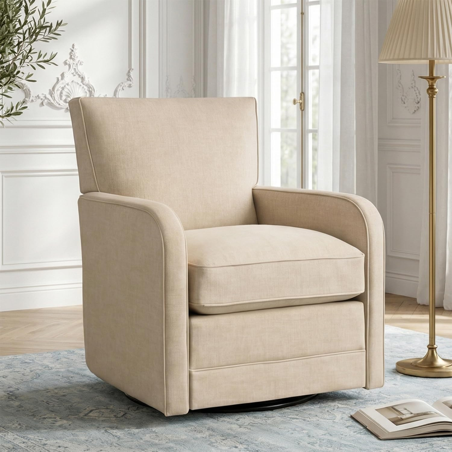 Swivel Living Room Chair, Modern Comfy Accent Armchair for Bedroom, Home Office – Cream Beige Upholstered | Amazon (US)
