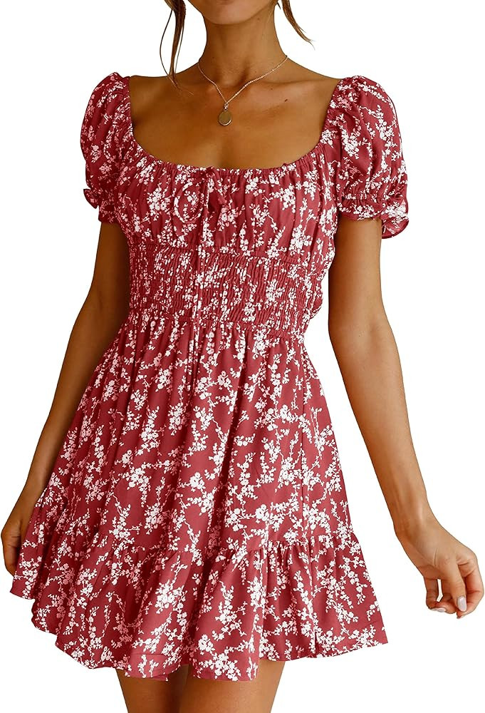 Imily Bela Womens Summer Dress Ruffle Sleeve Sqaure Neck Smocked Sun Dress Casual Boho Beach Flor... | Amazon (US)