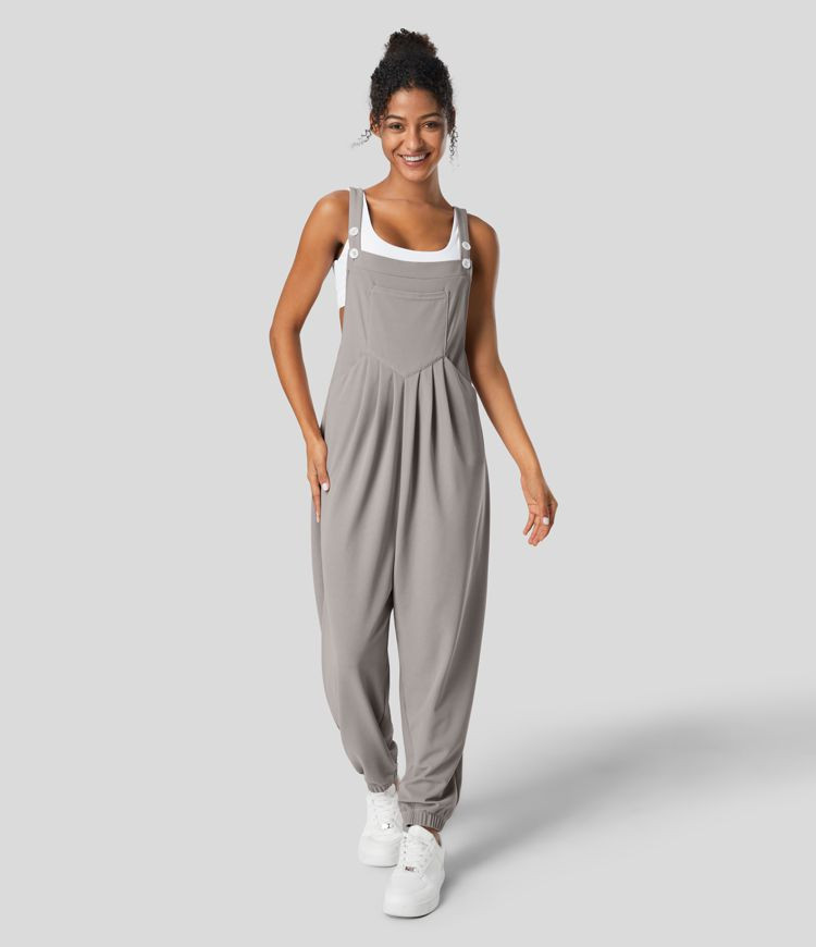 Women’s Adjustable Strap Button Multiple Pockets Plicated Waffle Casual Jogger Overalls - Halar... | HALARA