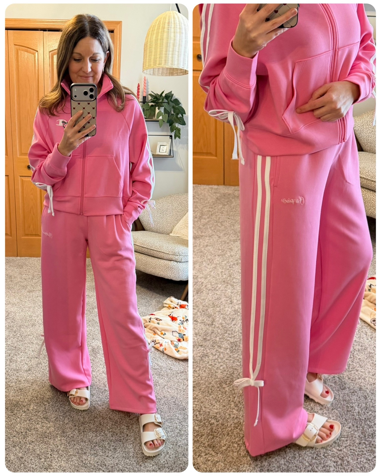 Cutest matching sweat set EVER! The material is soooo comfortable. Also comes in a white/green combo. And the bows 🎀 - adorable! 

Fit tips
Pants (these run generous - I’m in size S, but could size down one) 
Sweatshirt (tts, in size S) 
Sandals (tts) 

Target | Athleisure | Champion 

#LTKActive #LTKOver40