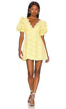 For Love & Lemons Natalia Puff Sleeve Mini Dress in Yellow from Revolve.com | Revolve Clothing (Global)
