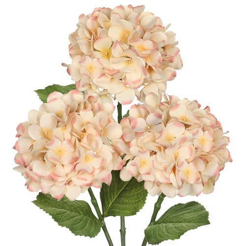 Hollyone 3Pcs Beige Hydrangea Artificial Flowers 28.7" Real Touch Large Faux Silk Hydrangeas Flowers with Stems Fake Flower for Home Wedding Floral Arrangement Centerpiece Table Vase Spring Decor | Amazon (US)