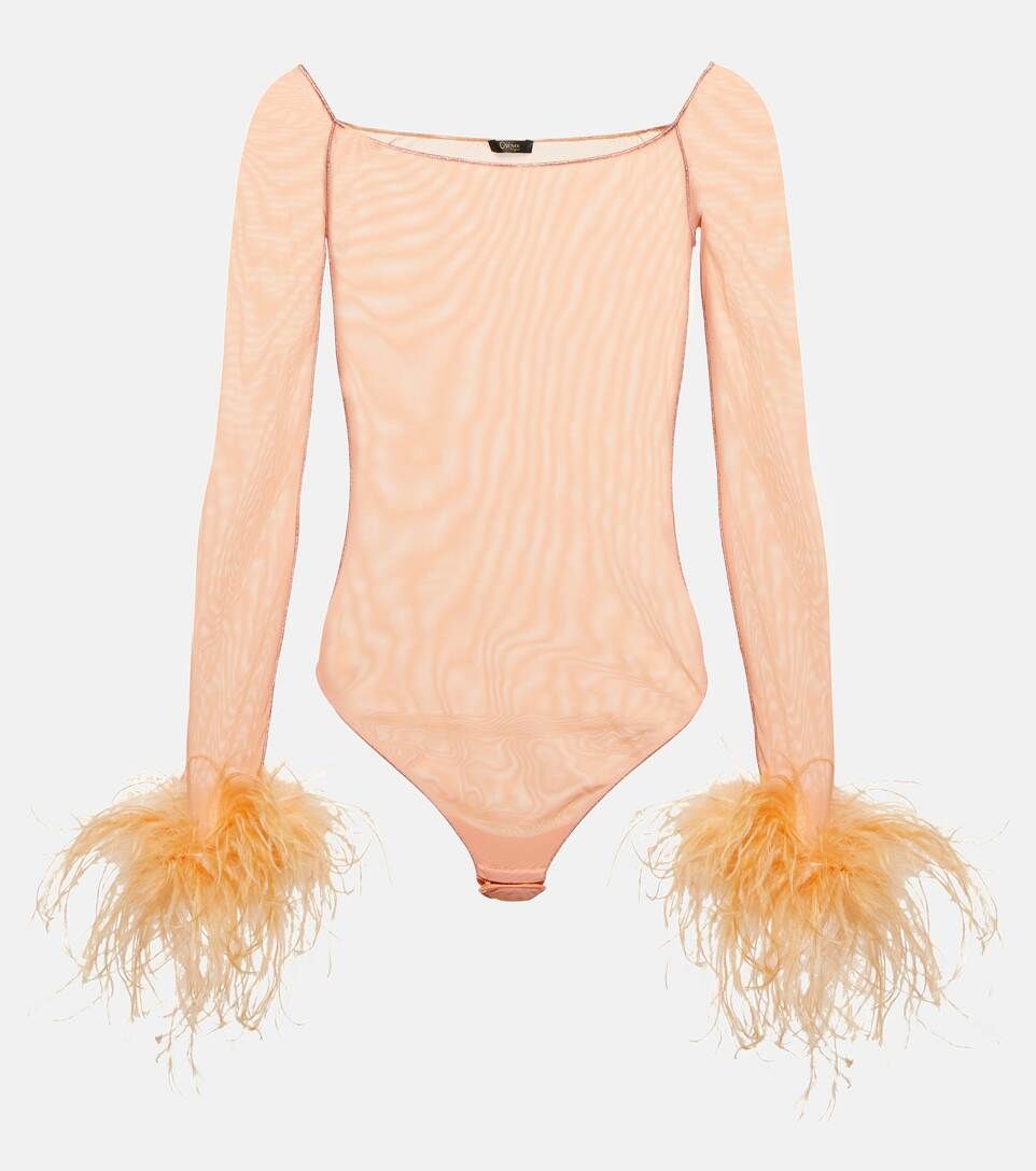 Feather-trimmed mesh bodysuit | Mytheresa (UK)