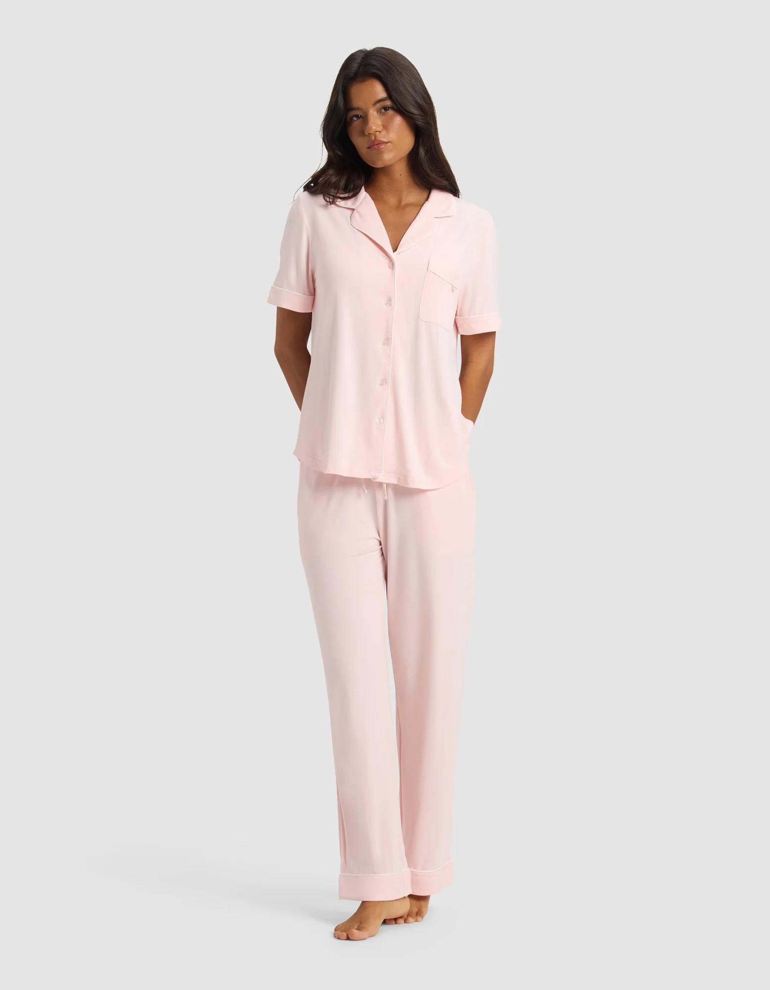Women's Bamboo Viscose Stretch-Knit Short Sleeve Shirt & Pants Pajama Set in Blossom (Size: XL) - Cozy Earth | Cozy Earth