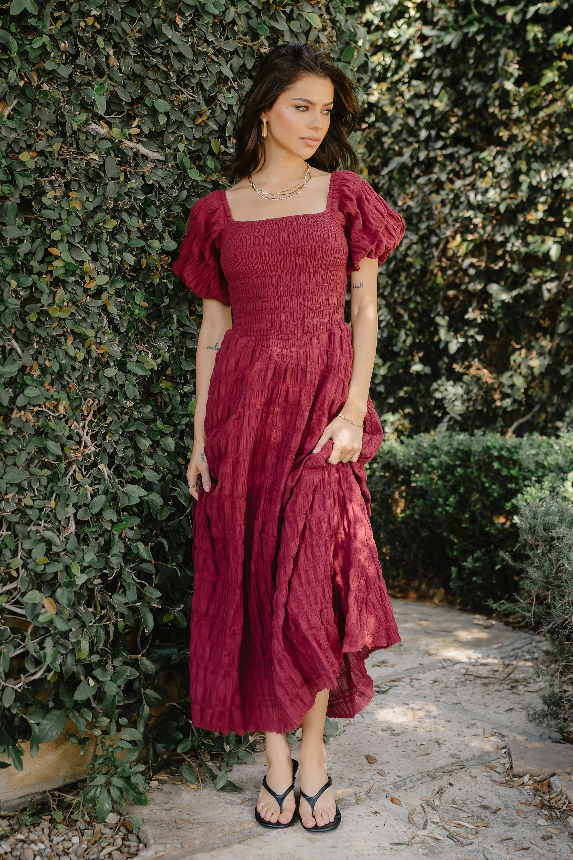 Beckie Smocked Maxi Dress in Burgundy | Böhme US