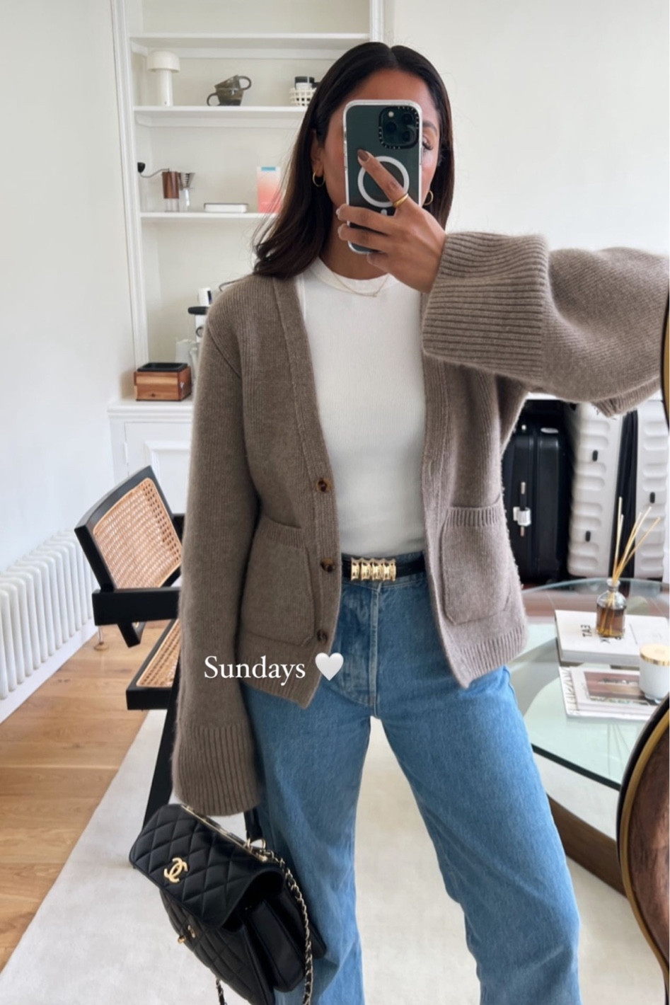Sunday outfit, autumn winter style, autumn fashion, Neutral cardigan, Anine Bing, Khaite belt, outfit inspiration, casual style 

#LTKstyletip #LTKSeasonal #LTKeurope