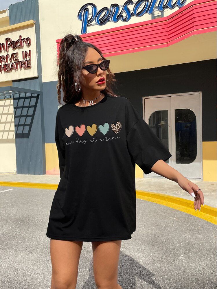 Heart And Slogan Graphic Oversized Tee | SHEIN