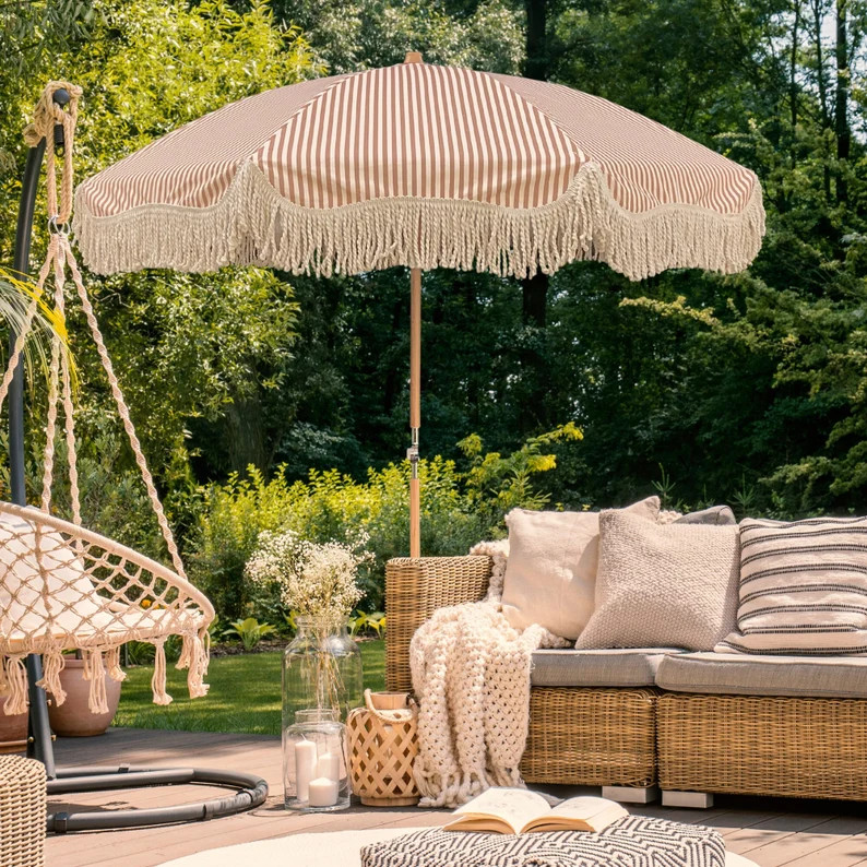 Large Vintage Style Tassel Fringed Striped Parasol for Wedding, Garden, Beach, Glamping, Patio, S... | Etsy (UK)