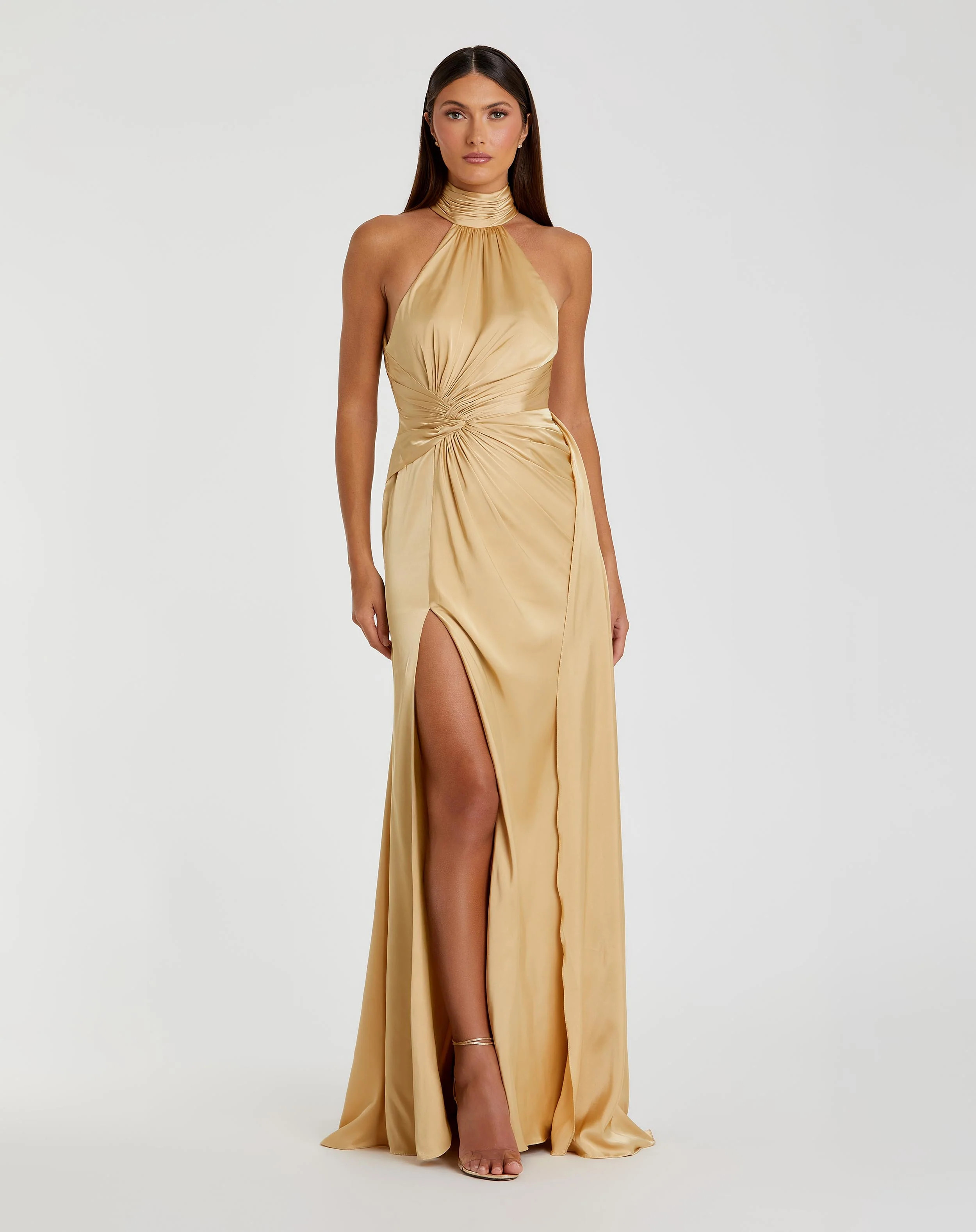 Gold Open Back High Neck Side Ruched Gown | Mac Duggal | Mac Duggal