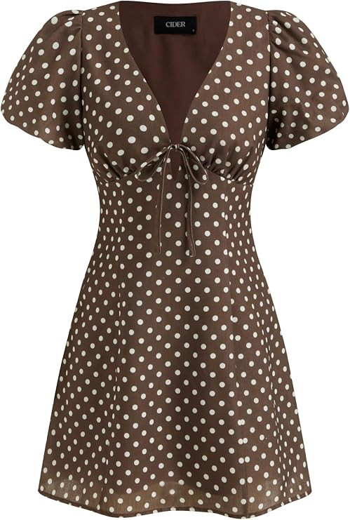 CIDER Women Mini Dress V Neck Puff Sleeve Polka Dot Knotted Short Dresses | Amazon (US)