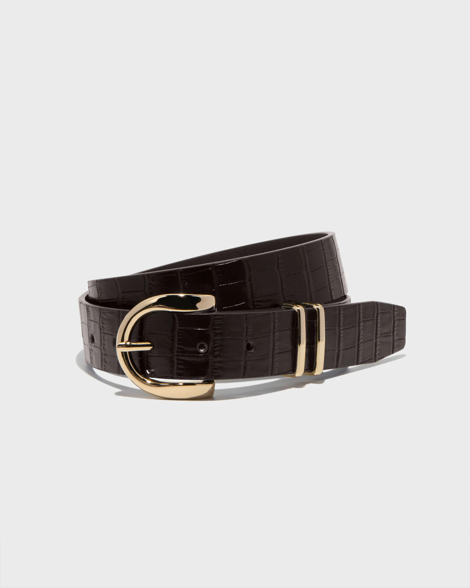 Chocolate Croc Embossed Leather Boyfriend Belt | Cue AU