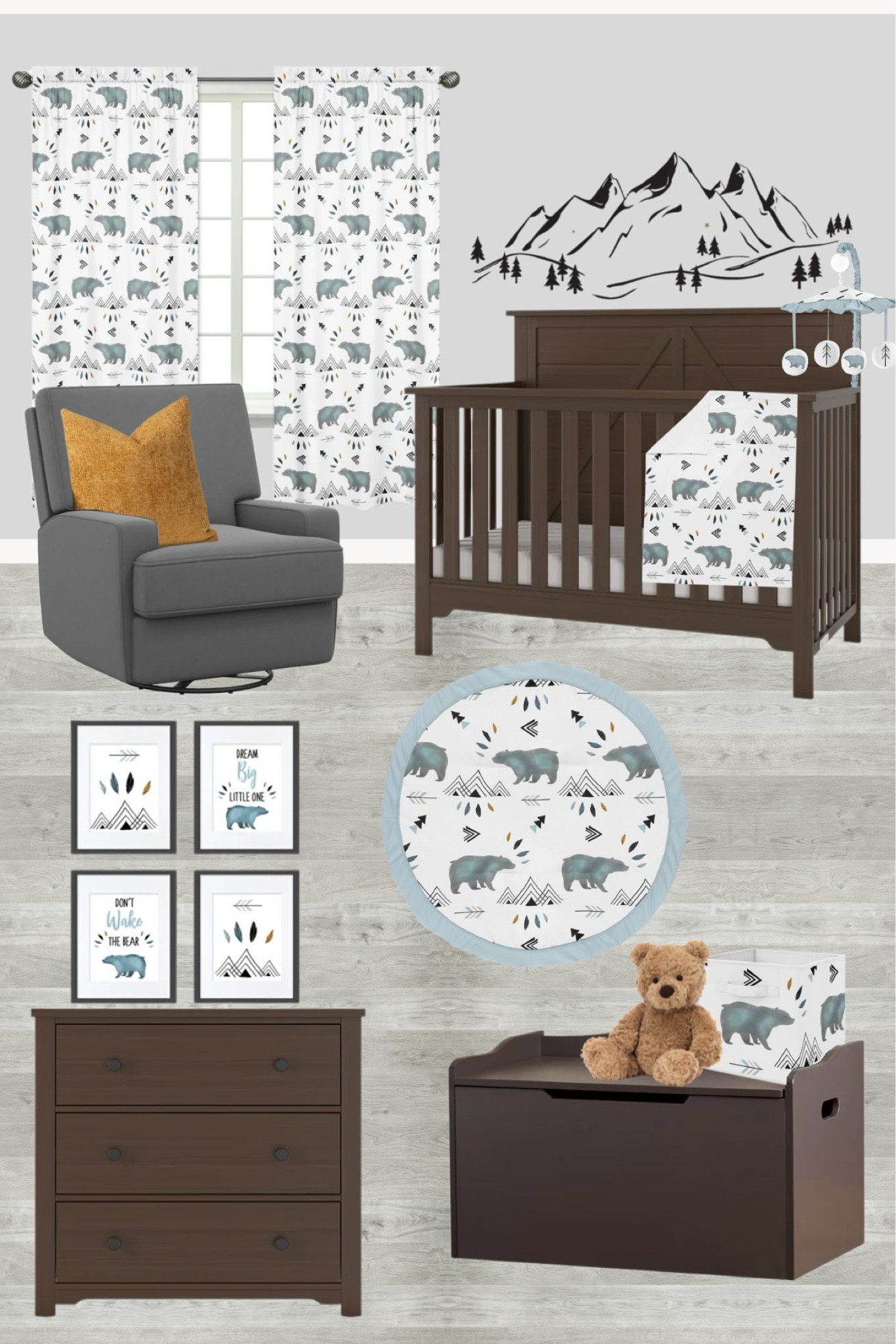 Super cute gender-neutral mountain nursery ideas with dark brown crib and dresser.

#LTKBaby #LTKBump #LTKKids