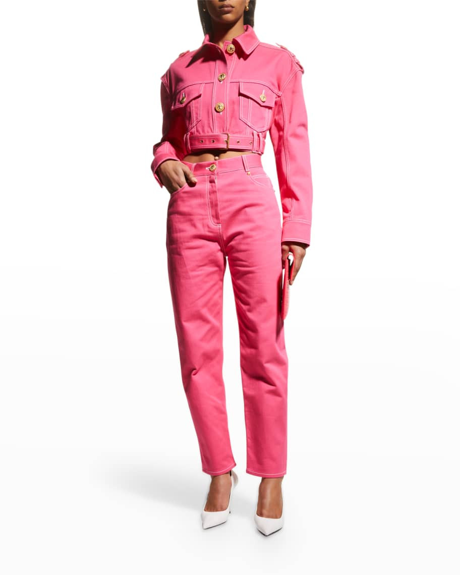 Balmain x Barbie 6-Button Crystal Logo Patch Denim Blazer Jacket | Neiman Marcus