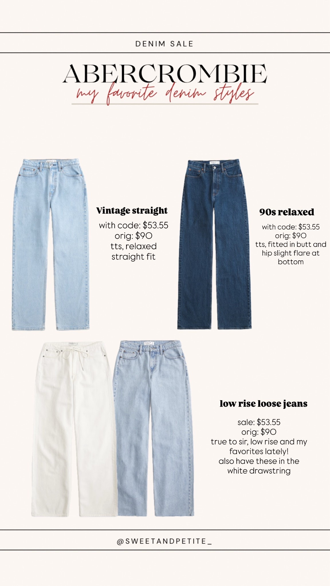 Abercrombie denim sale!! Use code DENIMAF to stack on top of the sale 👖

All true to size, wearing 25 short in all of them for the 90s relaxed I can do short or extra short for ankle

#LTKPetite #LTKSaleAlert