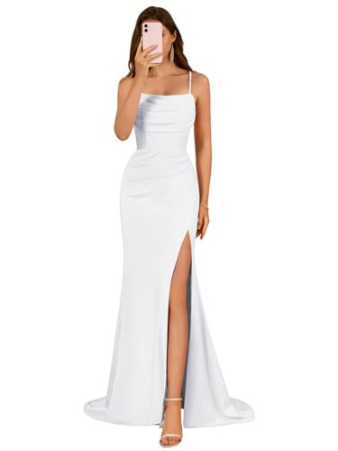 KNCERY Women's White Mermaid Prom Dress Satin Bridesmaid Dresses 2025 Spaghetti Straps Evening Party Dresses Size 2 | Amazon (US)