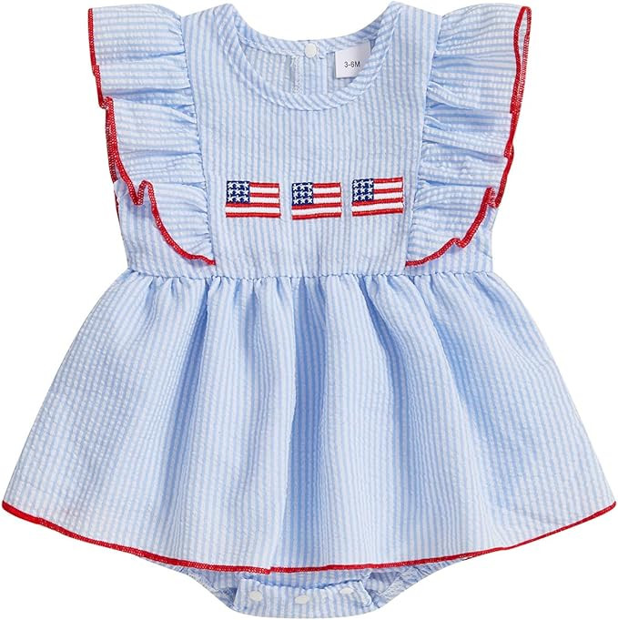 Baby Girl 4th of July Outfits Newborn Smocked Bubble Romper Bodysuit Ruffle American Flag Memoria... | Amazon (US)