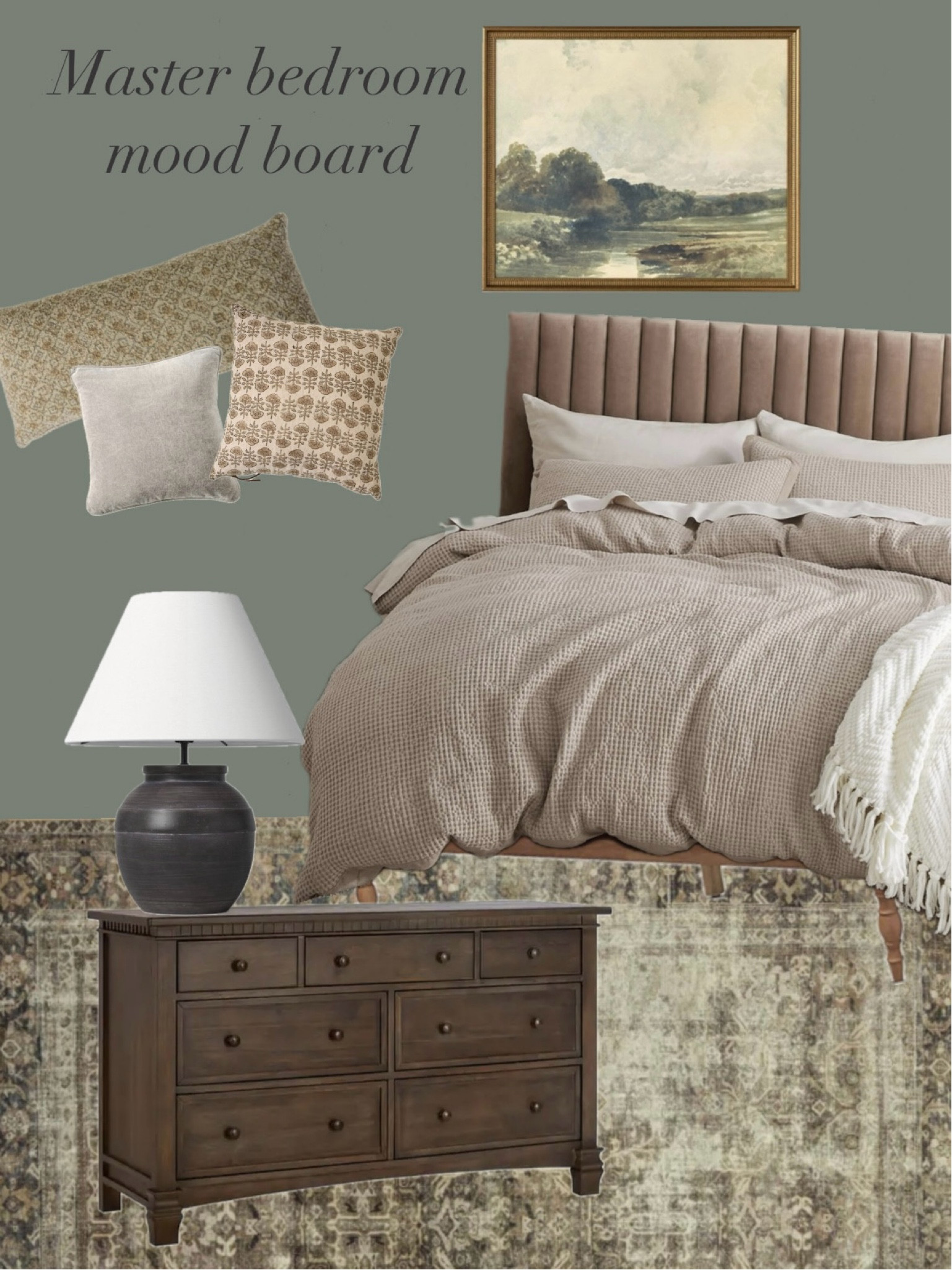 Updated master bedroom mood board with a slightly lighter green. 

Neutrals, magnolia, target finds, Wayfair finds, Amazon finds, throw pillows, bedding, duvet, walnut dresser, wall art, loloi cloud pile rug, table lamp

#LTKHome #LTKFindsUnder50 #LTKFindsUnder100