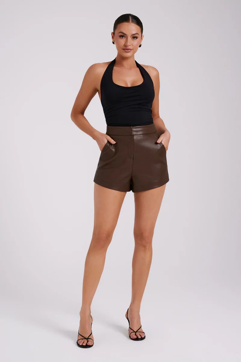 Ingrid Faux Leather Shorts - Dark Brown | MESHKI US