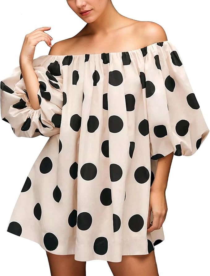 MISSACTIVER Women's Polka Dot Mini Dress Off Shoulder Puff Sleeves Elegant Blouse Short Dress Loo... | Amazon (US)