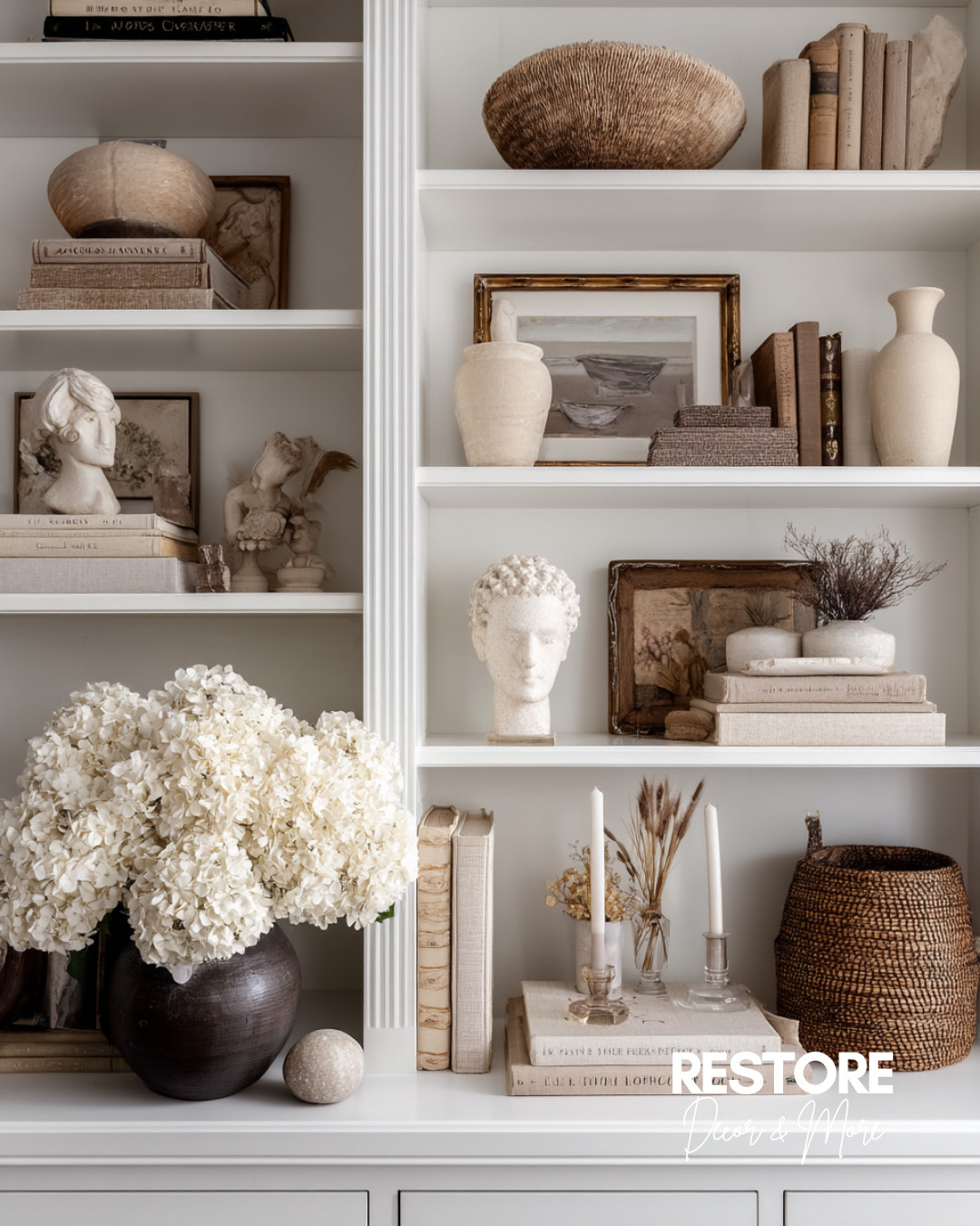 Neutral shelf styling goals 🤎 From vintage books to sculptural busts, every detail adds charm and warmth to this built-in. Love mixing textures like woven baskets, aged ceramics, and dried florals to get that cozy, curated look. Shop similar pieces to recreate this timeless aesthetic!

#ShelfStyling #NeutralHomeDecor #BuiltInShelves #VintageVibes #EarthyAesthetic #HomeDecorInspo #CollectedLook #OrganicModern #LTKHome #ShopTheLook #InteriorStyling #CuratedHome #RusticElegance #LTKDecor #BookshelfGoals 

 #LTKHome