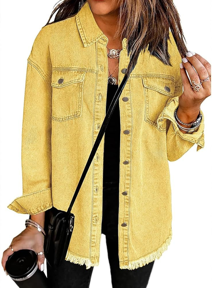 Vetinee Women’s Oversized Button Up Frayed Hem Shacket Long Sleeve Pockets Denim Jean Jacket | Amazon (US)