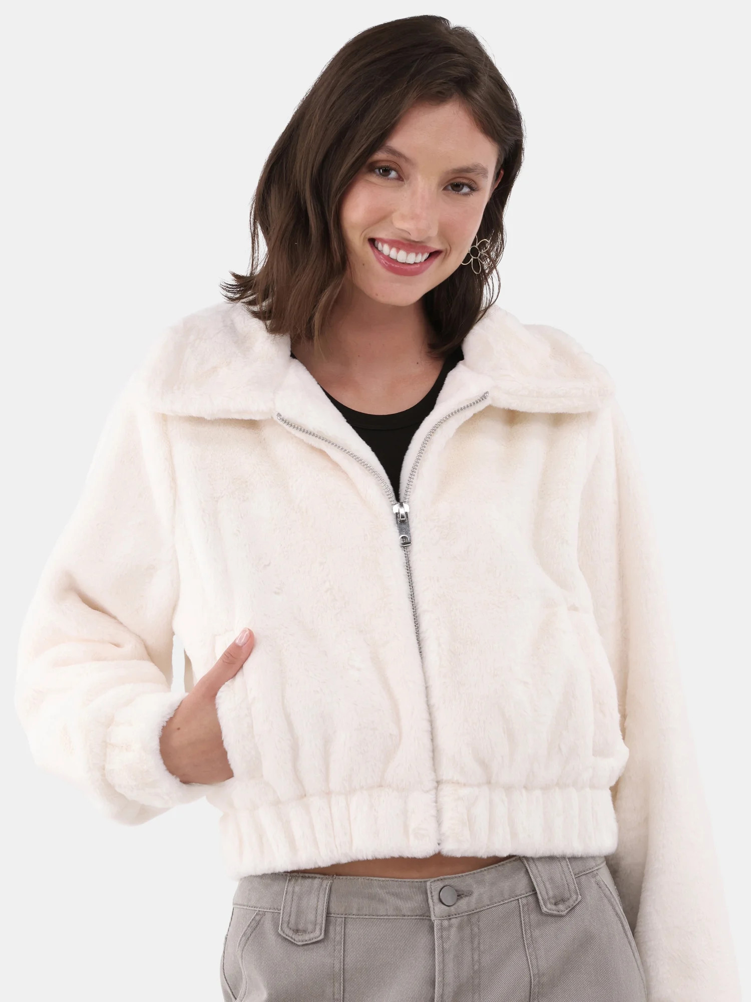 No Boundaries Faux Fur Bomber Jacket, Women's and Women's Plus | Walmart (US)