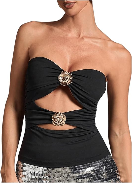GORGLITTER Women's 3D Bandeau Tube Top Strapless Floral Ruched Cut Out Sleeveless Tops | Amazon (US)
