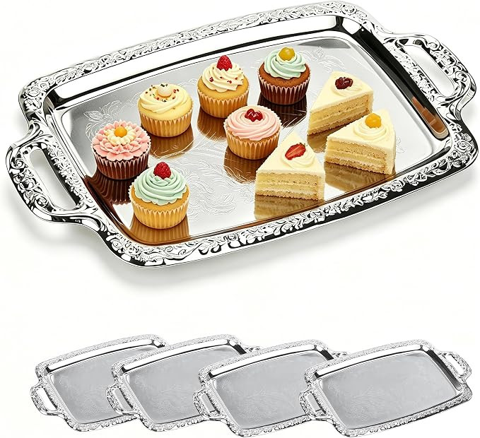 4-Pack Large Rectangle Silver Serving Trays, 15.4" x 9.3" Stainless Steel Mirror Finish Platters ... | Amazon (US)