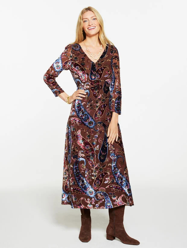 Burnout Velvet Fit & Flare Dress - Floral Paisley | Talbots