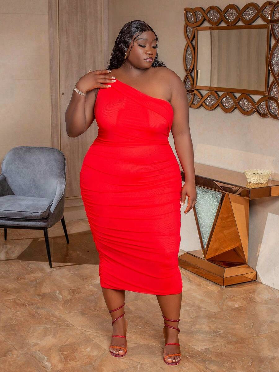 CurvyTilda Plus Size Women's Valentine's Day Black Mesh Contrast Bodycon One Shoulder Dress,Suita... | SHEIN