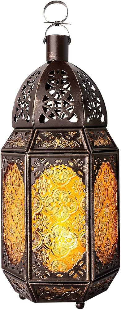 Lewondr Metal Glass Ramadan Candle Lantern, Moroccan Style Portable Candle Holder Pavilion Shape ... | Amazon (UK)