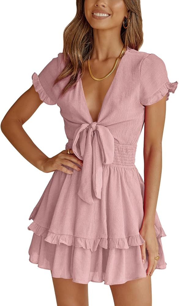 SySea Women's Deep V-Neck Dresses Summer Ruffle Short Sleeve Tie Front Flowy Beach Mini Dress | Amazon (US)