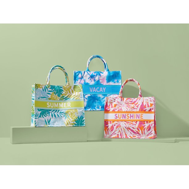 No Boundaries Women's Sunshine Canvas Print Beach Tote Handbag, Orange/Pink | Walmart (US)